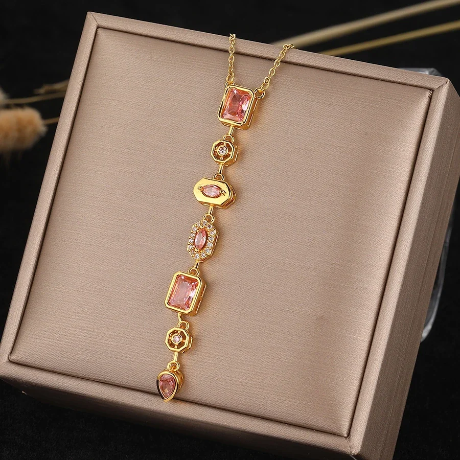 Pendant Necklace with Geometric CZ Drop, Gold-Plated Steel