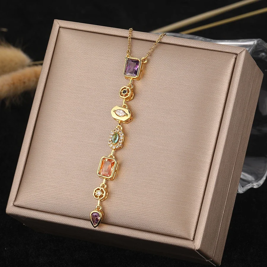 Pendant Necklace with Geometric CZ Drop, Gold-Plated Steel