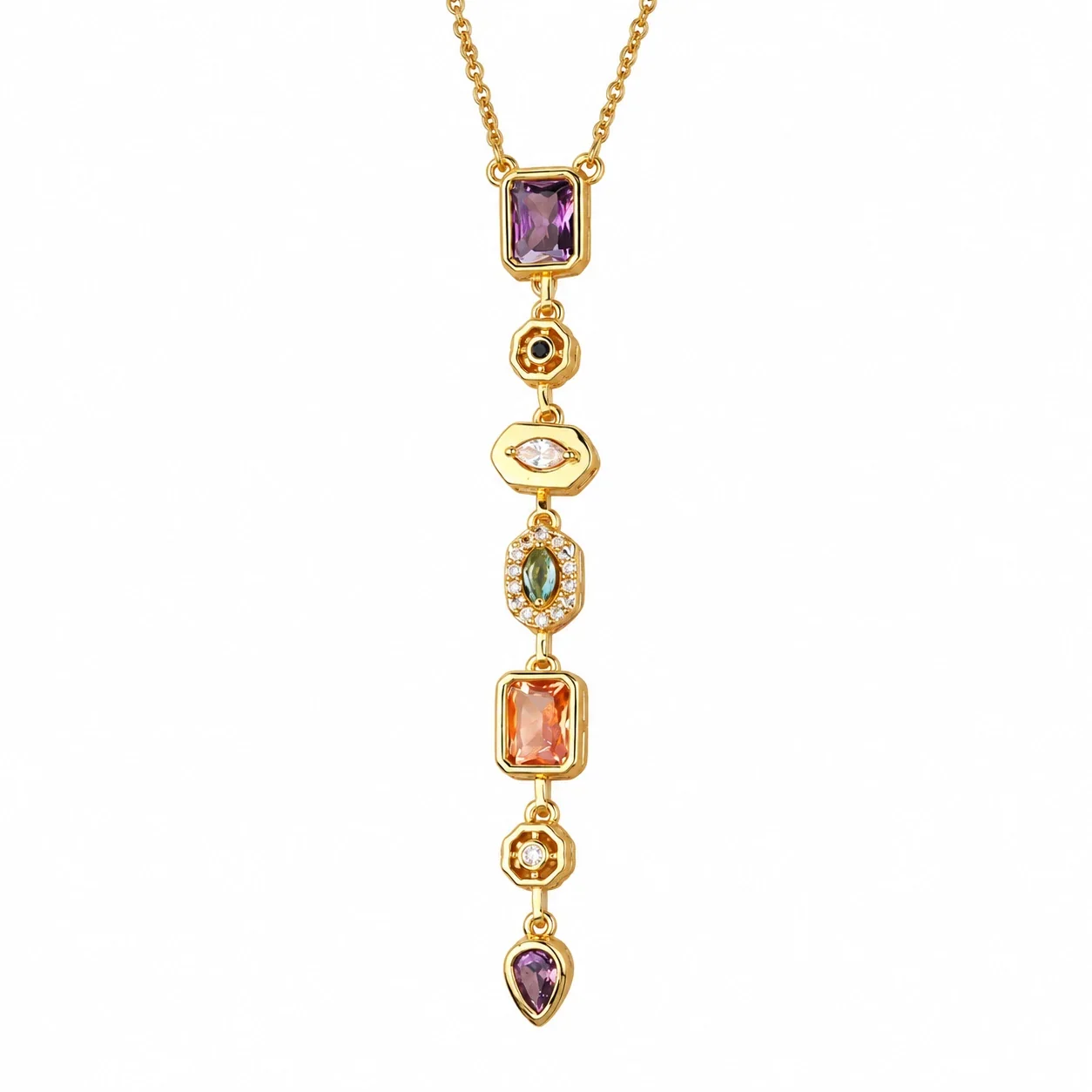 Pendant Necklace with Geometric CZ Drop, Gold-Plated Steel - Gold Multicolor CZ