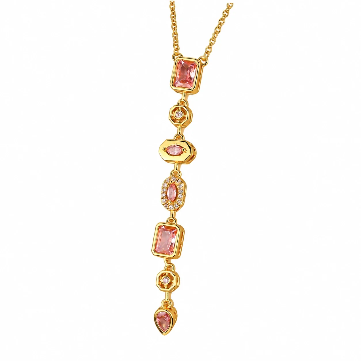 Pendant Necklace with Geometric CZ Drop, Gold-Plated Steel - Gold Pink CZ