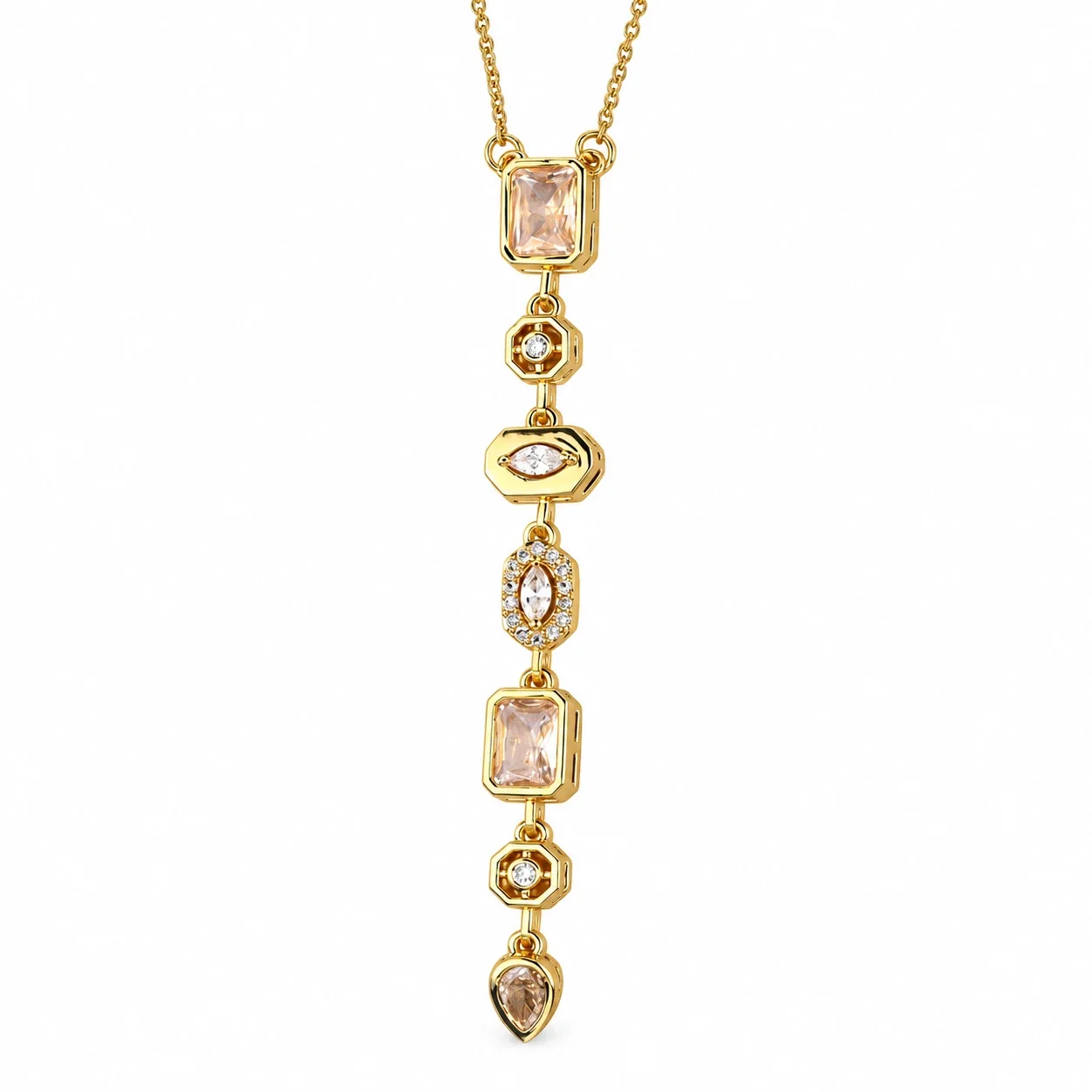 Pendant Necklace with Geometric CZ Drop, Gold-Plated Steel - Gold Clear CZ