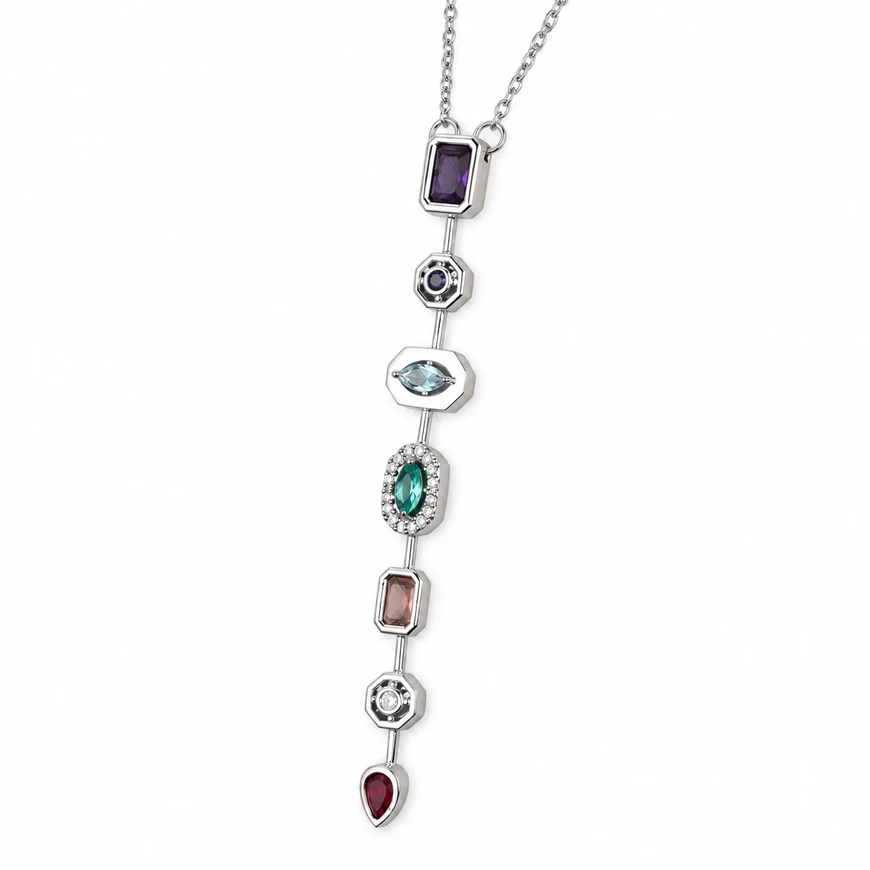 Pendant Necklace with Geometric CZ Drop, Gold-Plated Steel - Silver Multicolor CZ