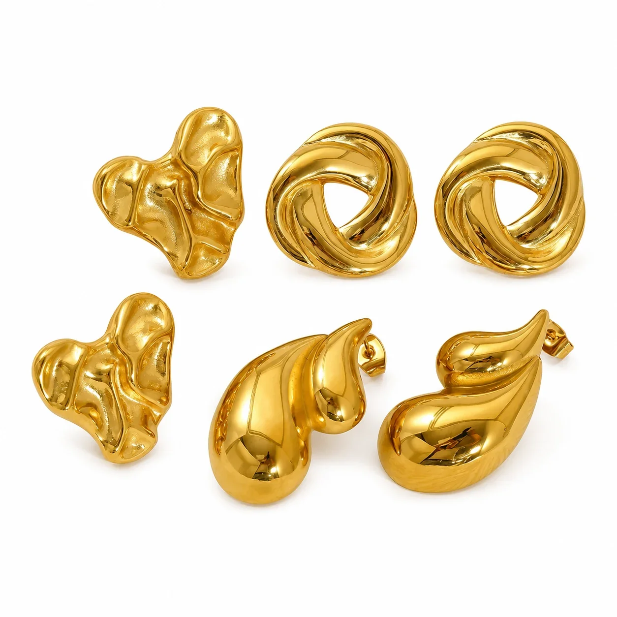 Sculptural 18K Gold-Plated Stainless Steel Heart Knot Stud Earrings