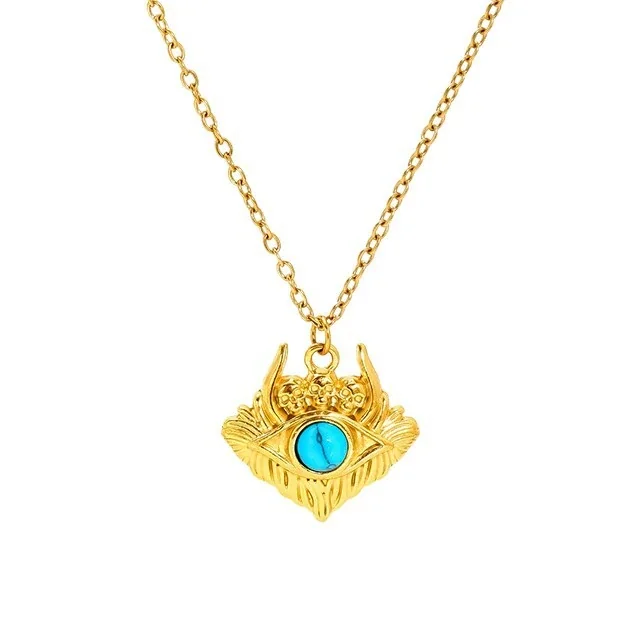 Ornate Gold-Plated Stainless Steel Evil Eye Pendant Necklace