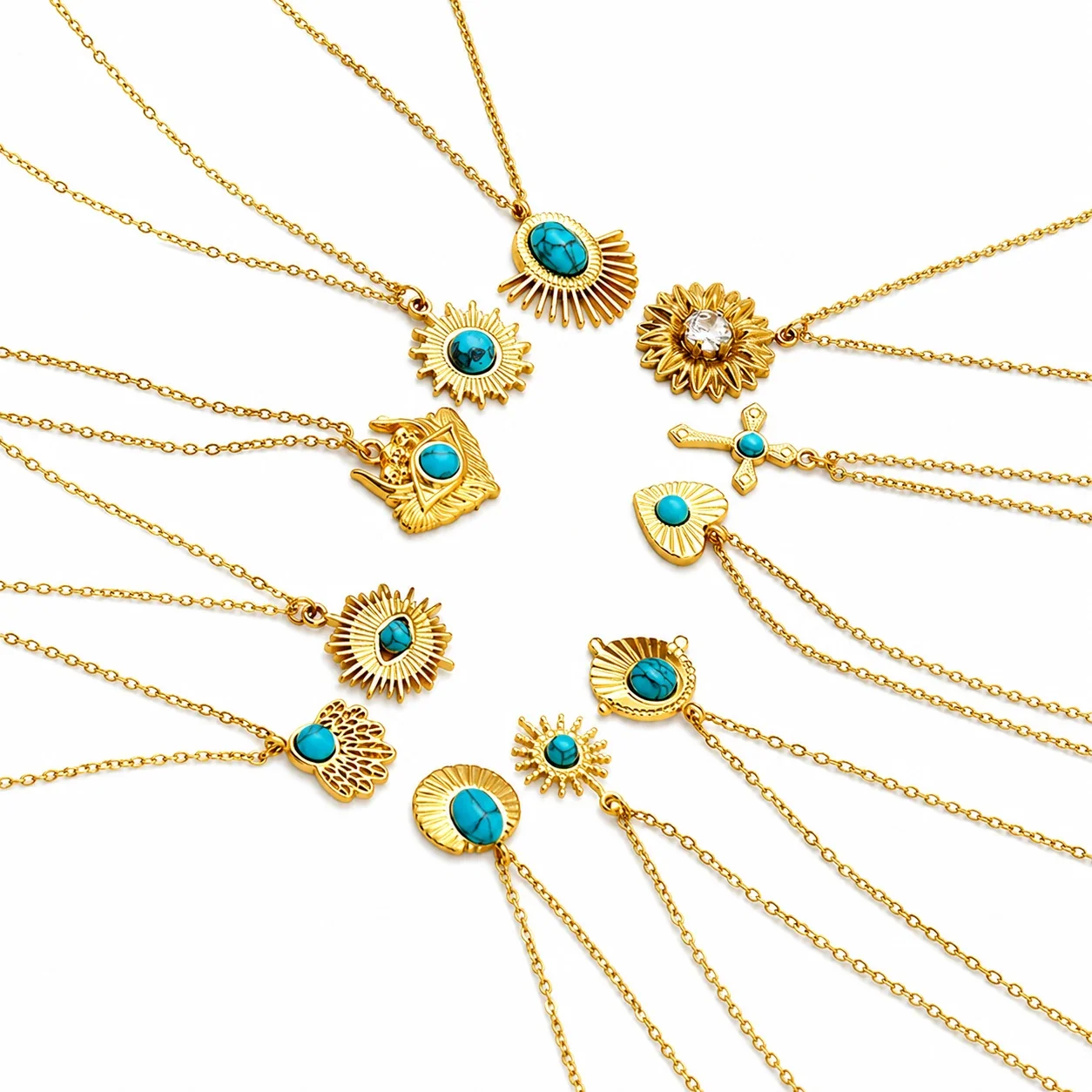 Ornate Gold-Plated Stainless Steel Evil Eye Pendant Necklace
