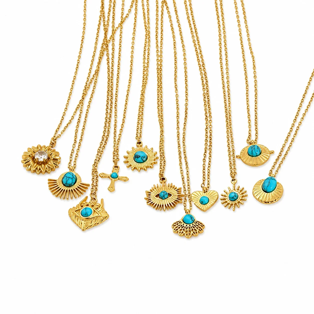 Ornate Gold-Plated Stainless Steel Evil Eye Pendant Necklace