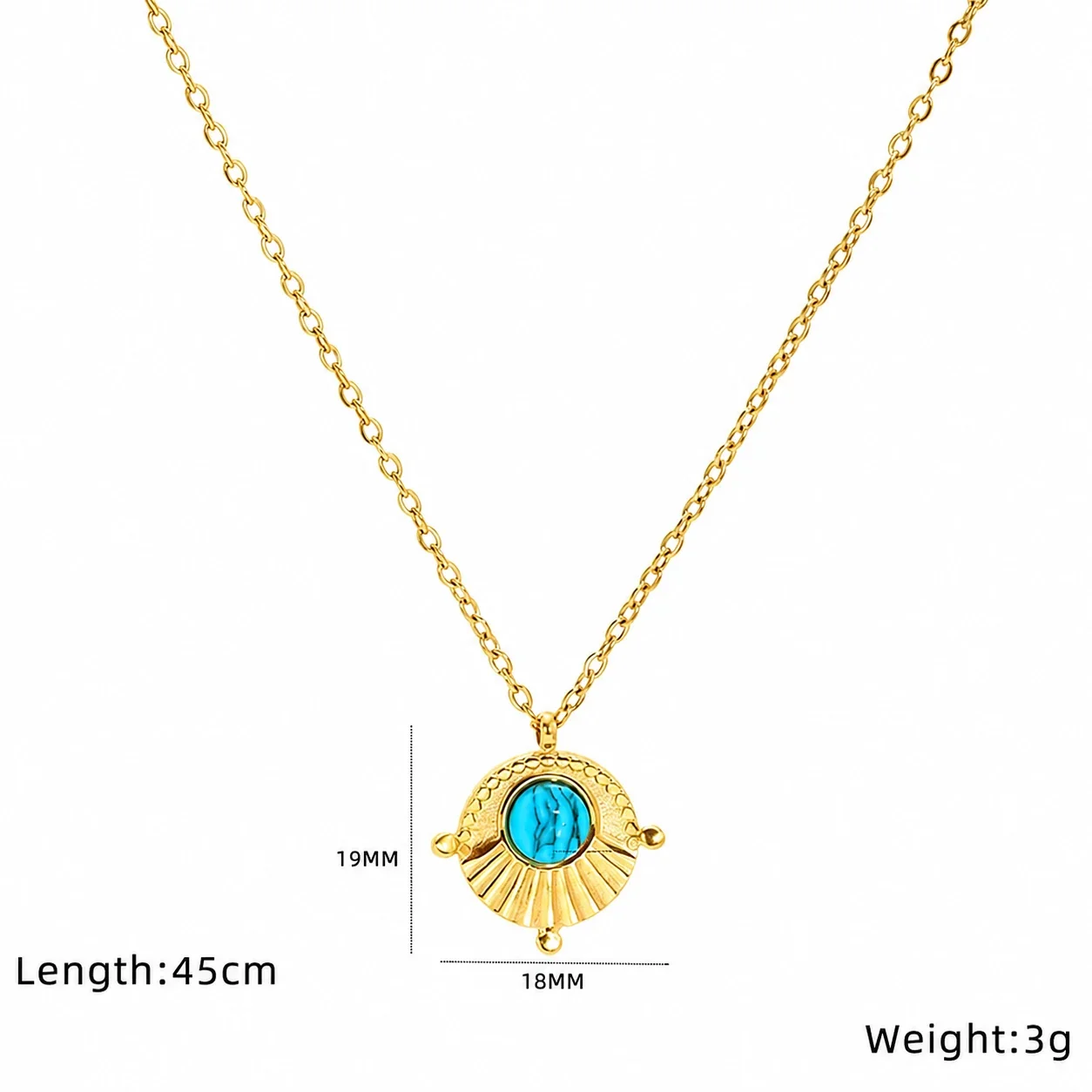 Ornate Gold-Plated Stainless Steel Evil Eye Pendant Necklace - Gold Ribbed Eye Turquoise