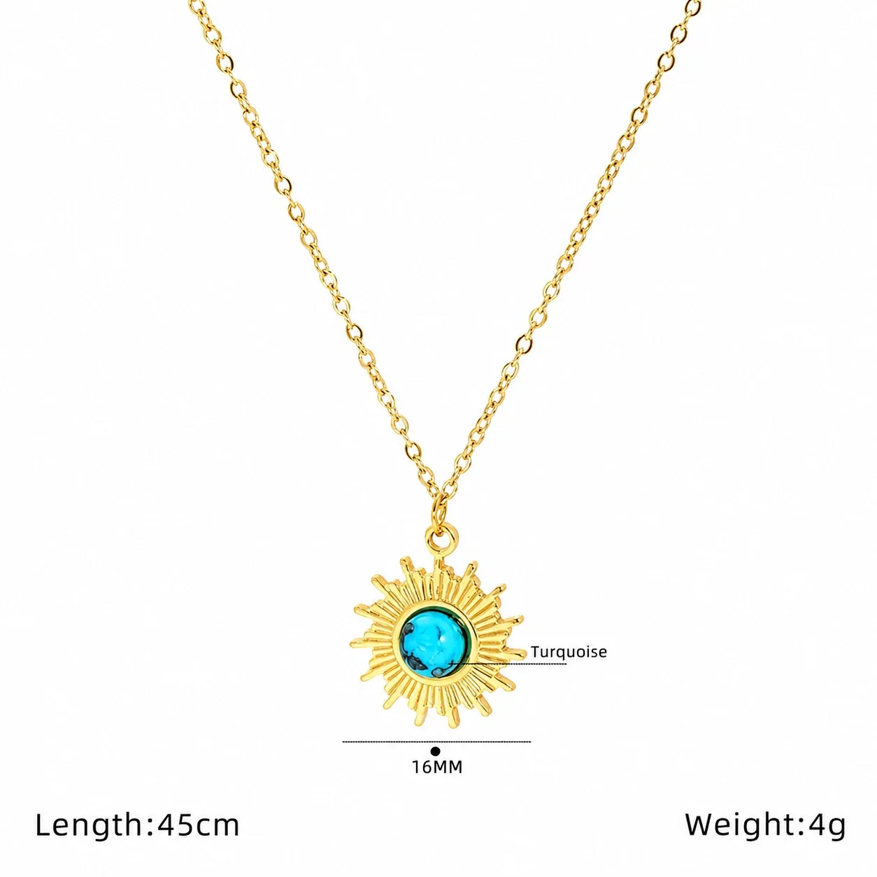 Ornate Gold-Plated Stainless Steel Evil Eye Pendant Necklace - Gold Oval Sunburst Turquoise