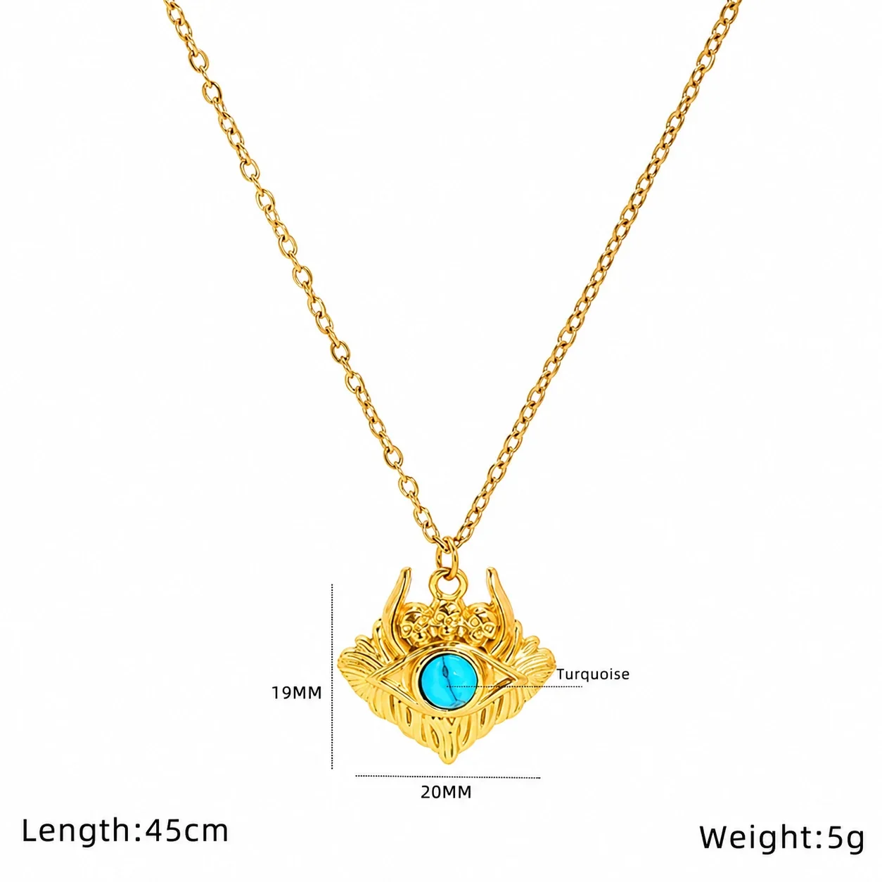Ornate Gold-Plated Stainless Steel Evil Eye Pendant Necklace - Gold Round Sun Turquoise