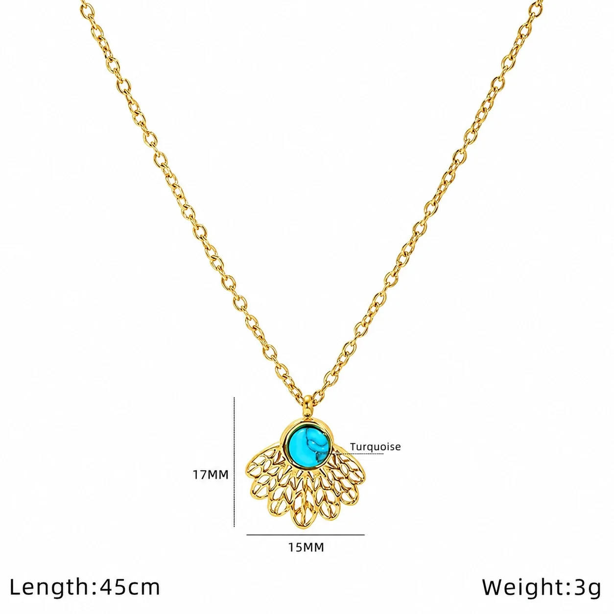 Ornate Gold-Plated Stainless Steel Evil Eye Pendant Necklace - Gold Lace Fan Turquoise