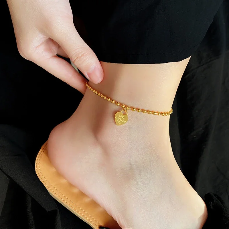 Stainless Steel Anklet with Engraved Heart and Bead Chain