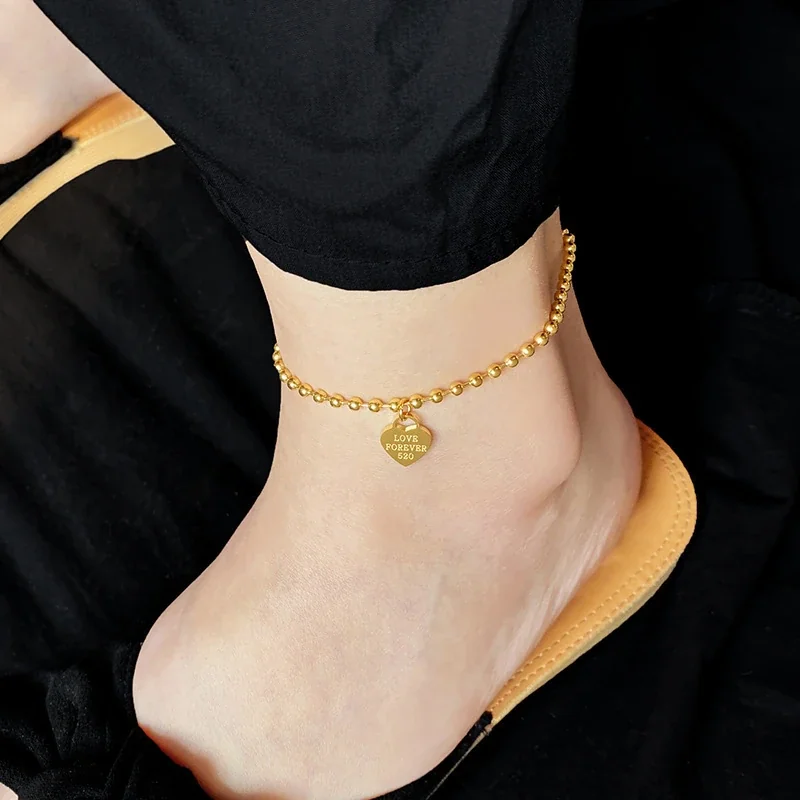Stainless Steel Anklet with Engraved Heart and Bead Chain