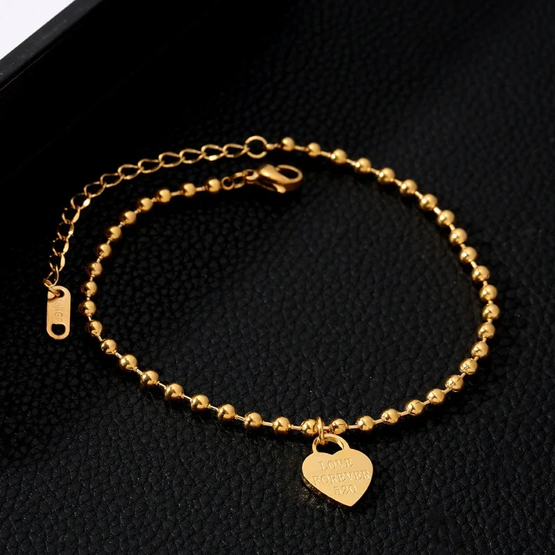 Stainless Steel Anklet with Engraved Heart and Bead Chain