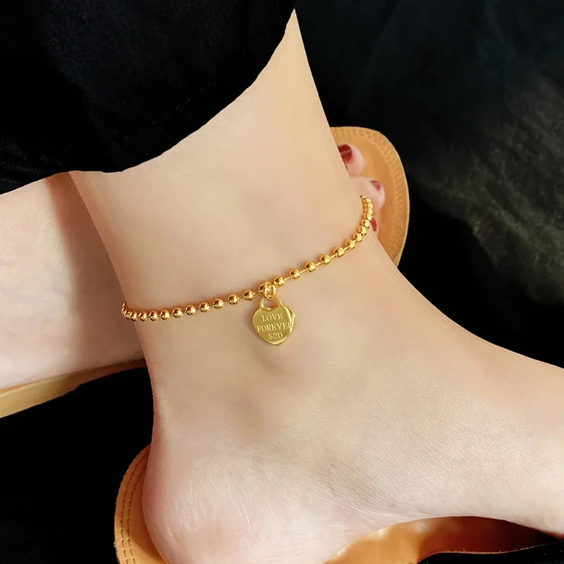 Stainless Steel Anklet with Engraved Heart and Bead Chain
