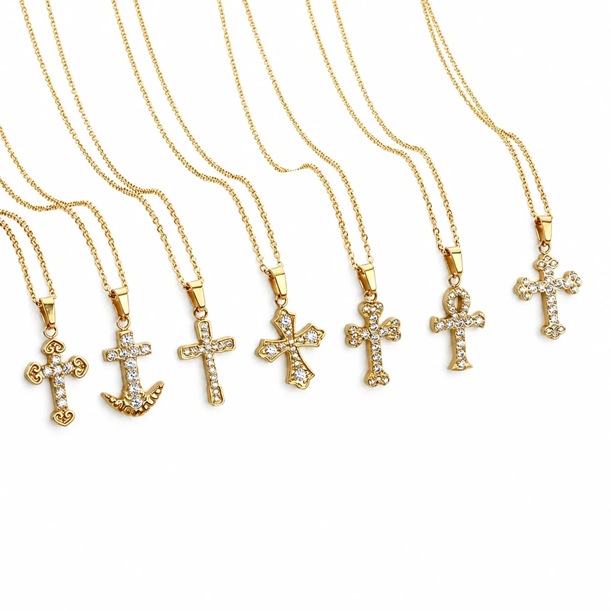 Ornate Gold PVD Round CZ Cross Cable Pendant Necklace