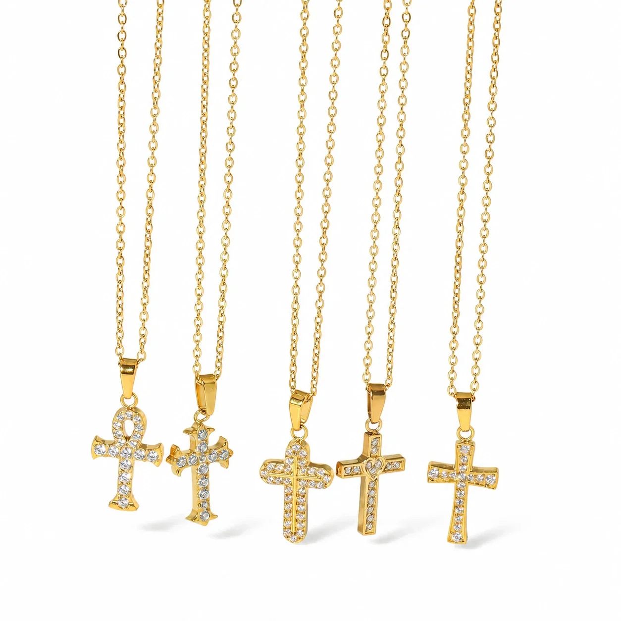 Ornate Gold PVD Round CZ Cross Cable Pendant Necklace