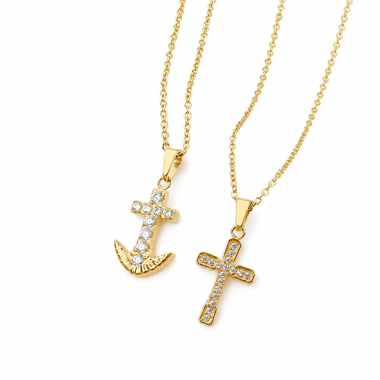 Ornate Gold PVD Round CZ Cross Cable Pendant Necklace