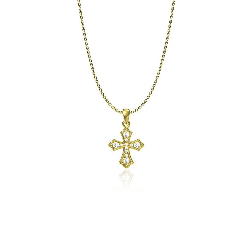 Ornate Gold PVD Round CZ Cross Cable Pendant Necklace