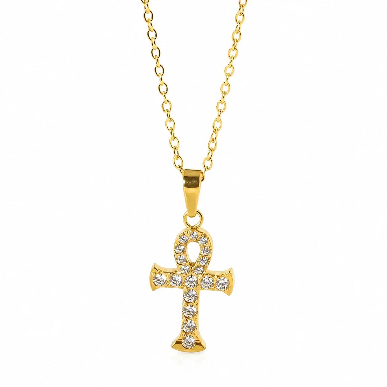 Ornate Gold PVD Round CZ Cross Cable Pendant Necklace - Gold
