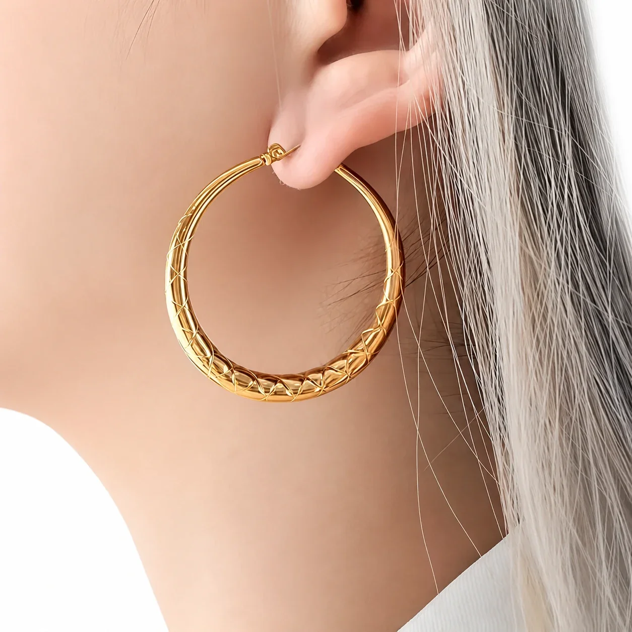 Hoop Earrings with Diamond-Cut Dome 316 Stainless Steel Gold PVD