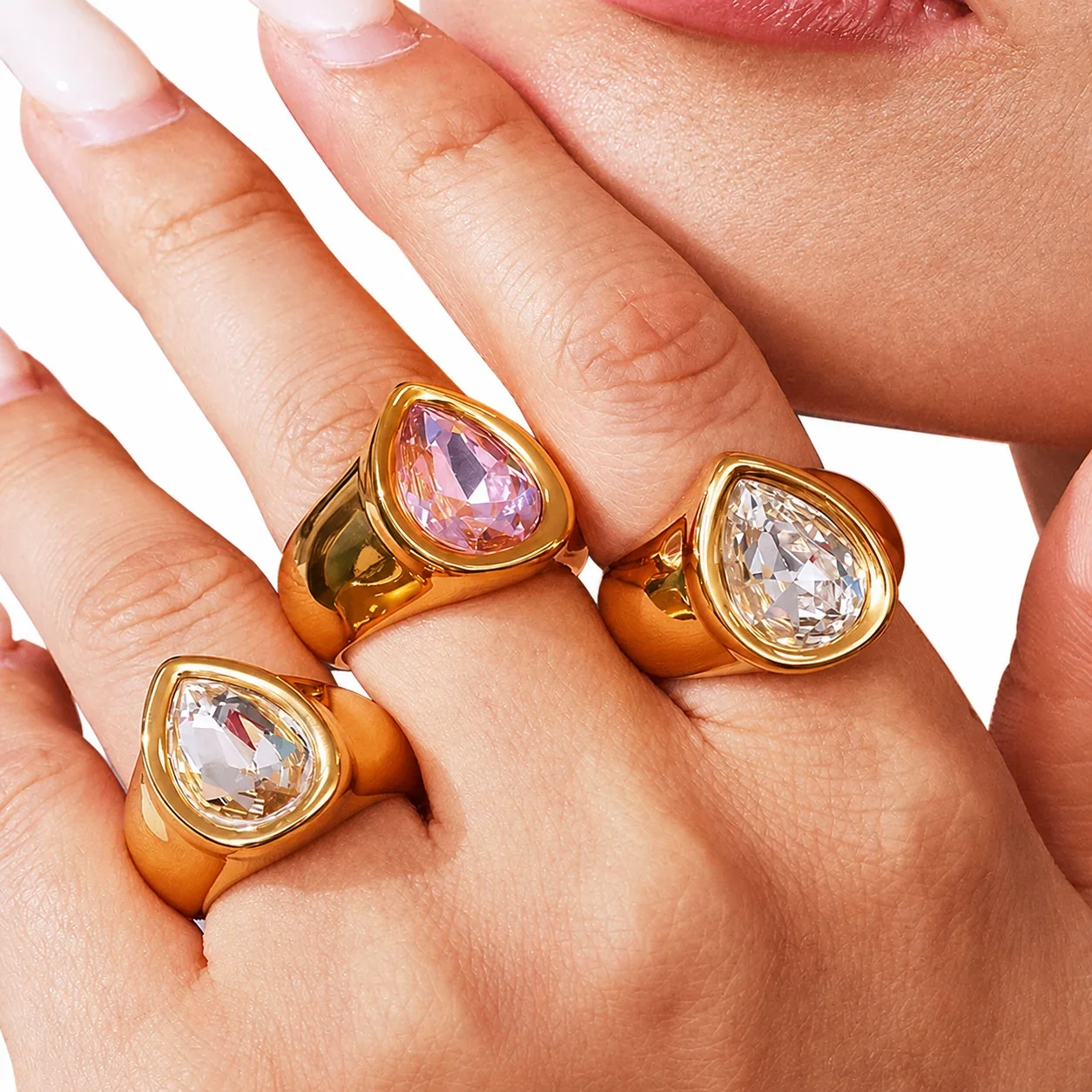 Bold Gold-Plated Teardrop Bezel Cubic Zirconia Ring