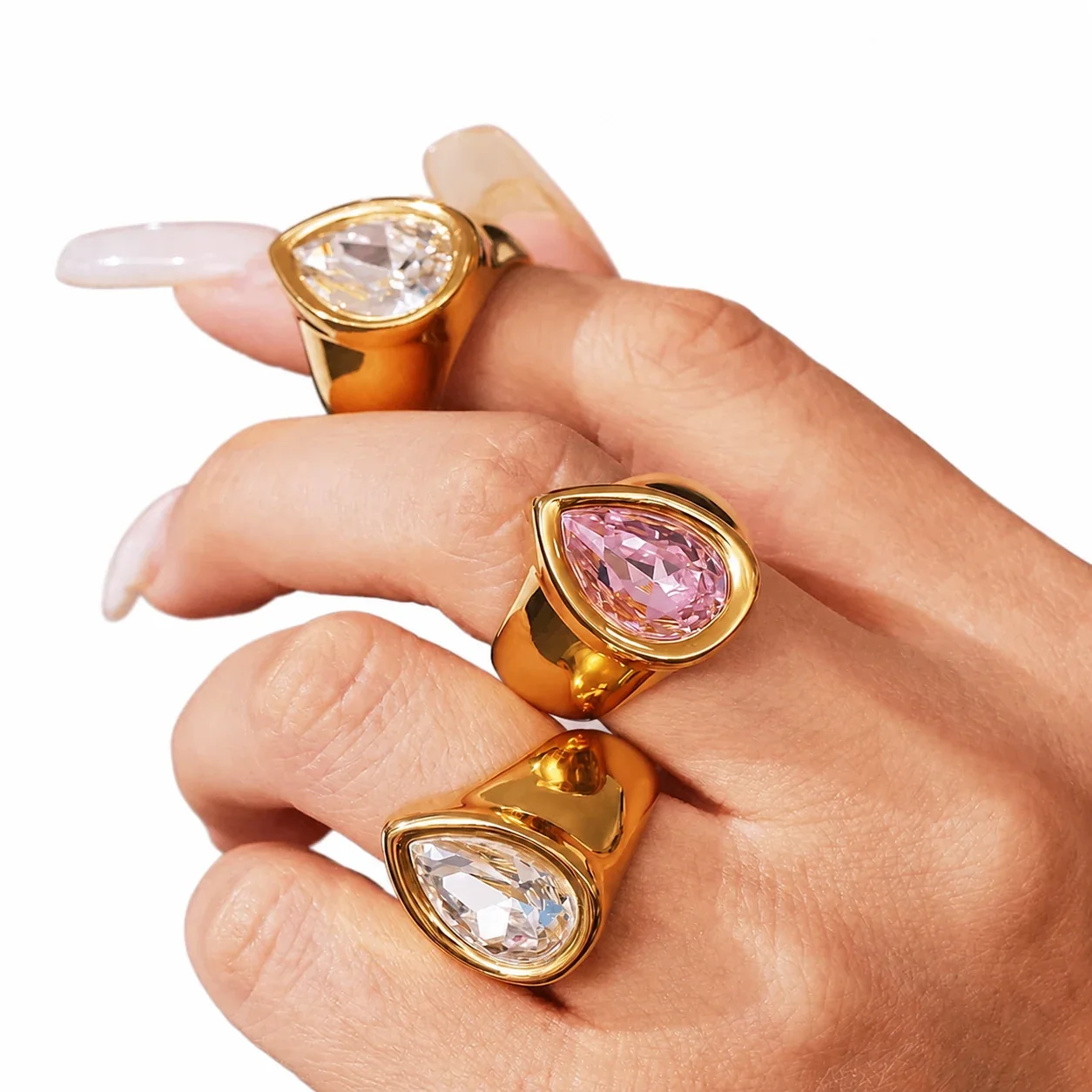 Bold Gold-Plated Teardrop Bezel Cubic Zirconia Ring