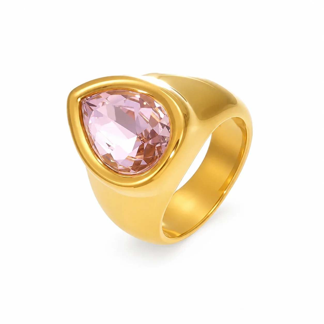 Bold Gold-Plated Teardrop Bezel Cubic Zirconia Ring - Gold Pink CZ