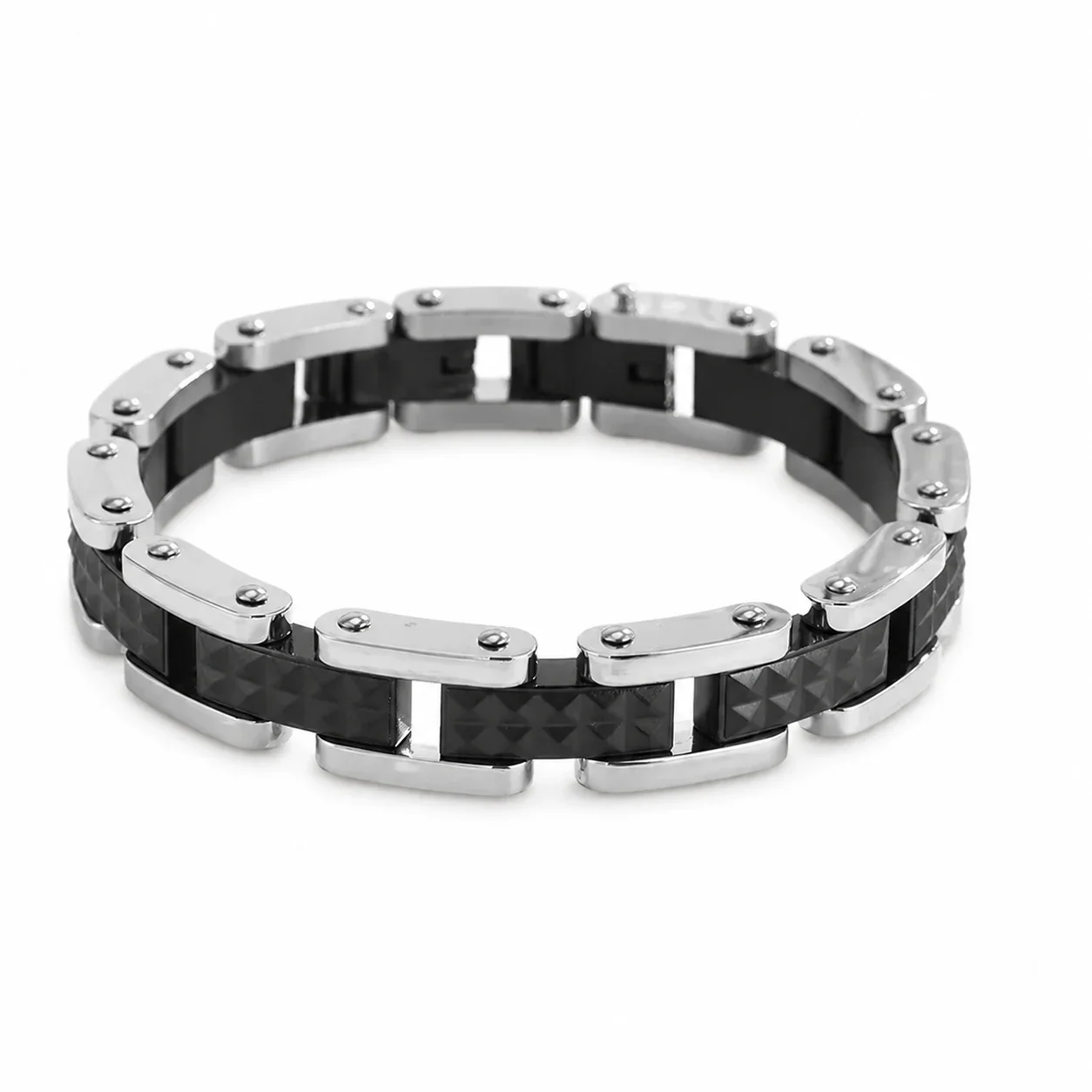 Bold 316 Stainless Steel Pyramid Link Bracelet - Tone Black Silver