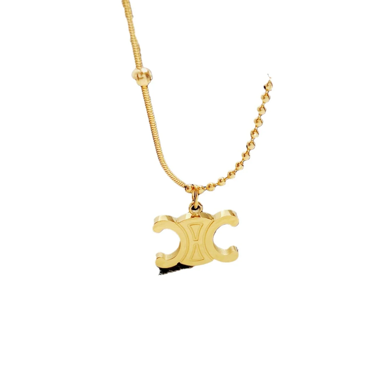 Double-C Pendant Necklace with Beaded Chain, Gold-Plated Steel