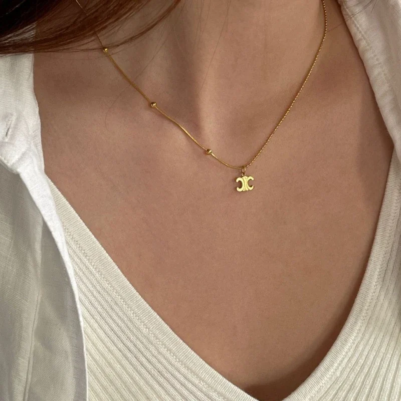 Double-C Pendant Necklace with Beaded Chain, Gold-Plated Steel
