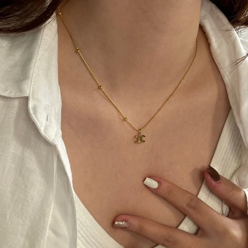 Double-C Pendant Necklace with Beaded Chain, Gold-Plated Steel