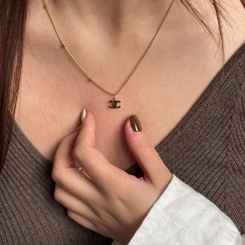 Double-C Pendant Necklace with Beaded Chain, Gold-Plated Steel