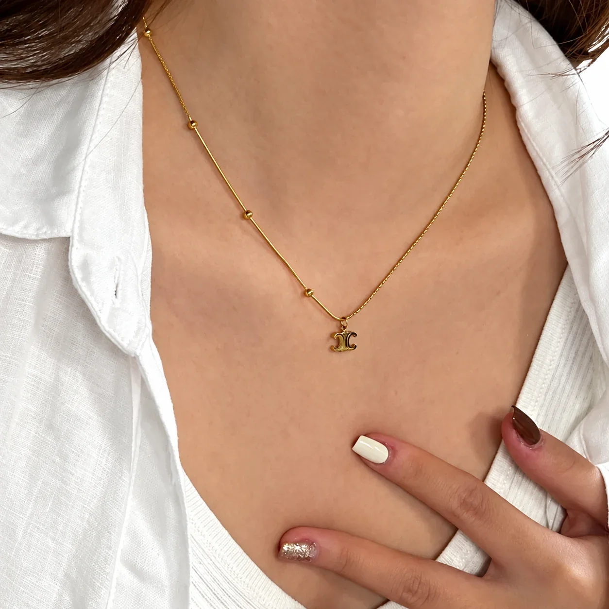 Double-C Pendant Necklace with Beaded Chain, Gold-Plated Steel - Gold