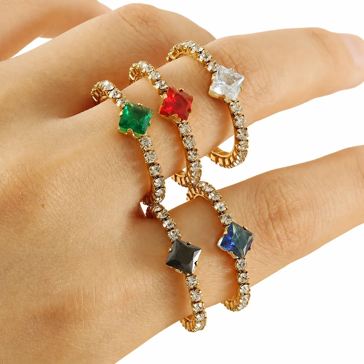 Radiant Gold PVD Square CZ Open-Front Stacking Ring