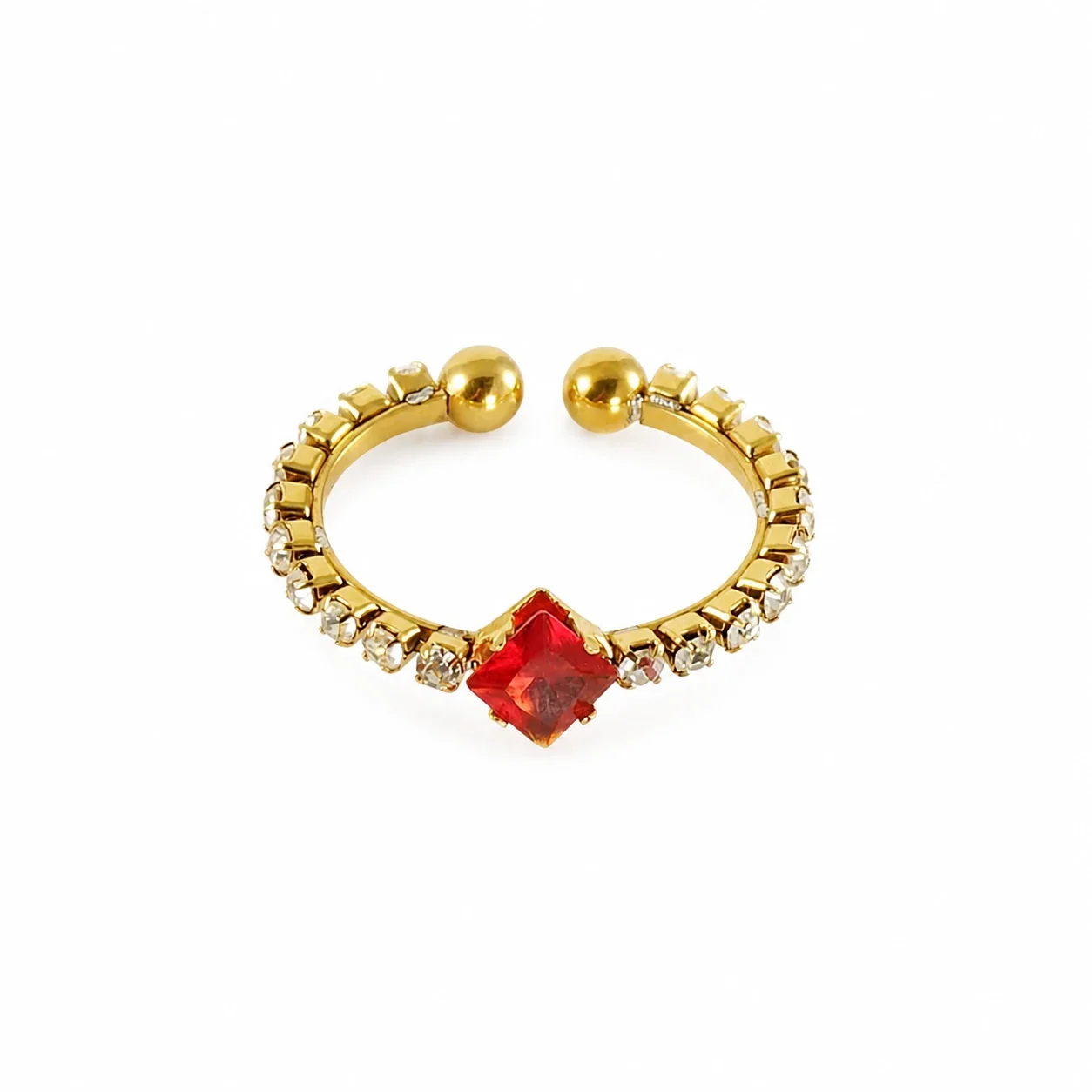 Radiant Gold PVD Square CZ Open-Front Stacking Ring - Red CZ