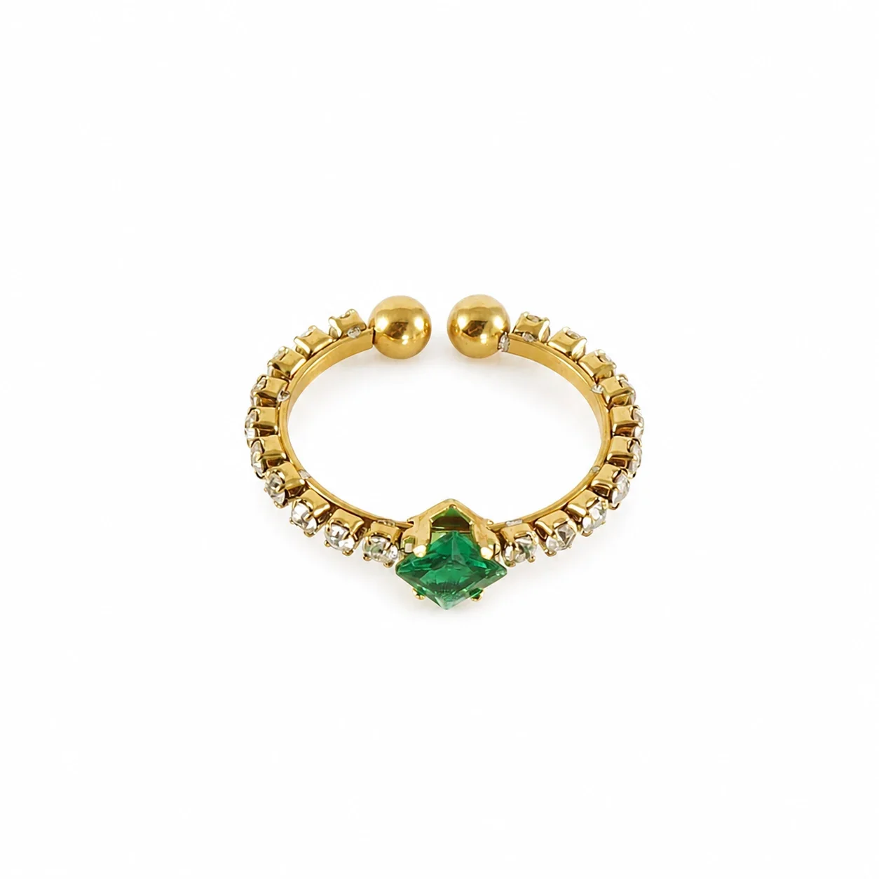 Radiant Gold PVD Square CZ Open-Front Stacking Ring - Emerald Green CZ