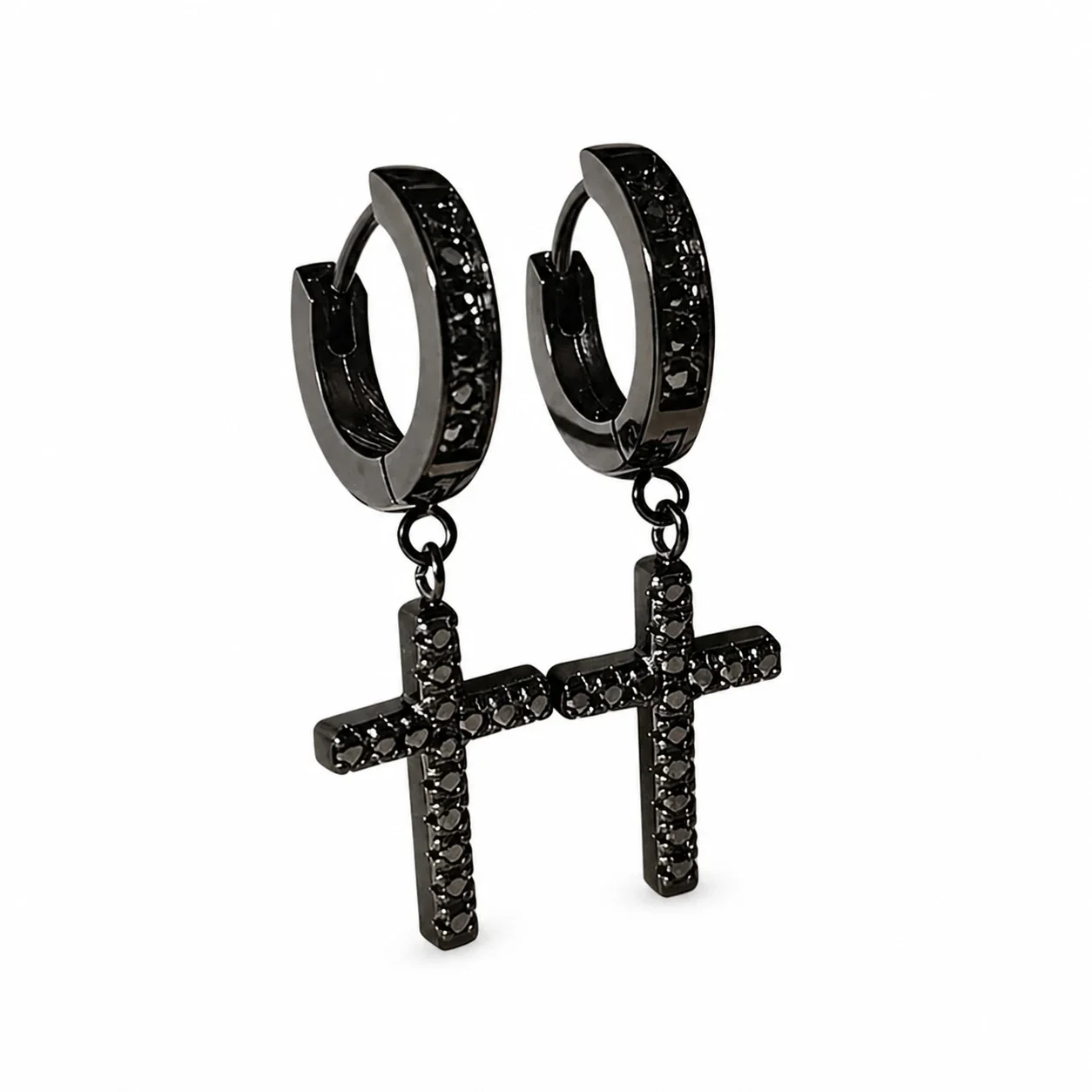 Huggie Earrings with CZ Cross Drop 316 Stainless Steel Black PVD