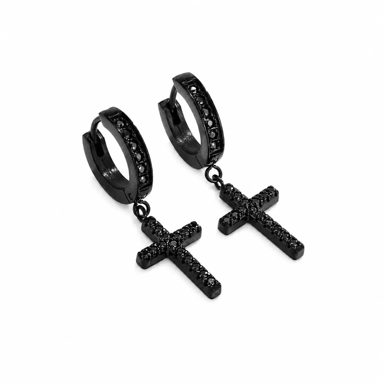 Huggie Earrings with CZ Cross Drop 316 Stainless Steel Black PVD