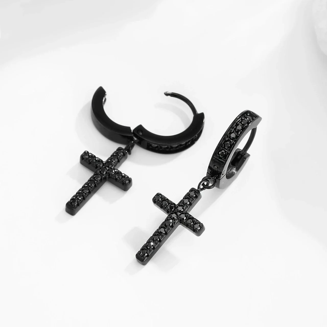 Huggie Earrings with CZ Cross Drop 316 Stainless Steel Black PVD