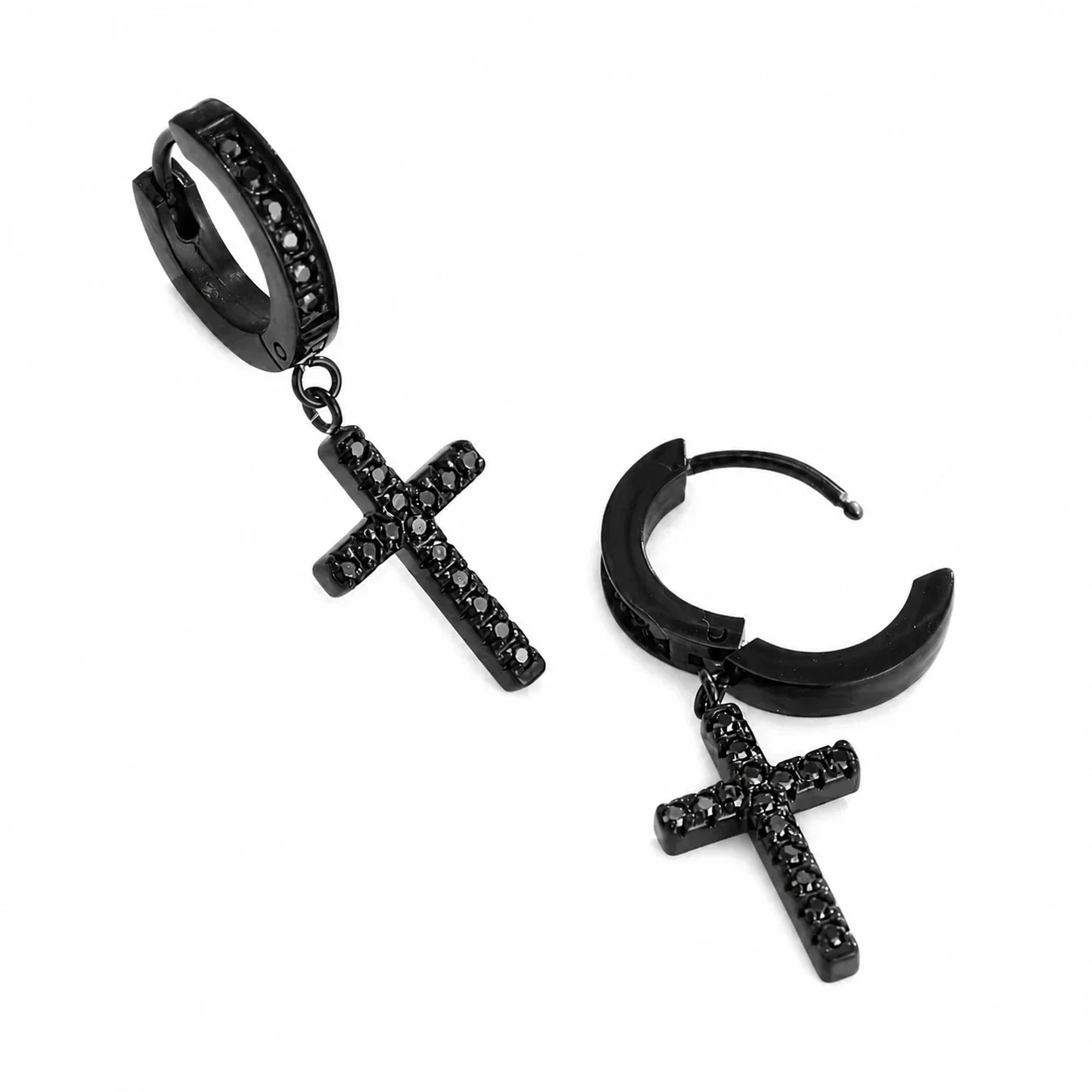 Huggie Earrings with CZ Cross Drop 316 Stainless Steel Black PVD