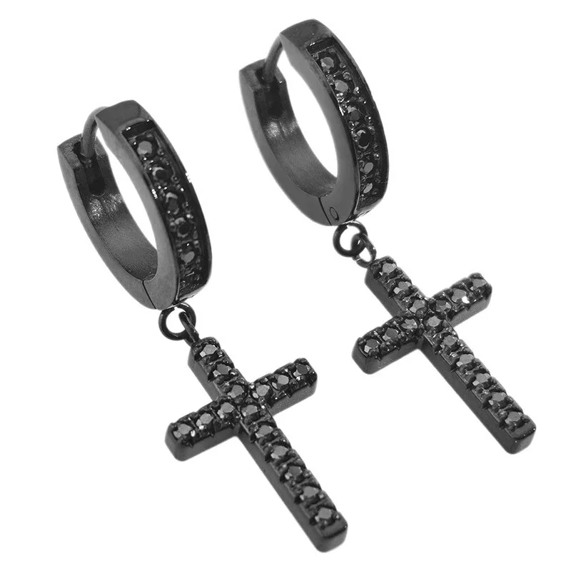 Huggie Earrings with CZ Cross Drop 316 Stainless Steel Black PVD