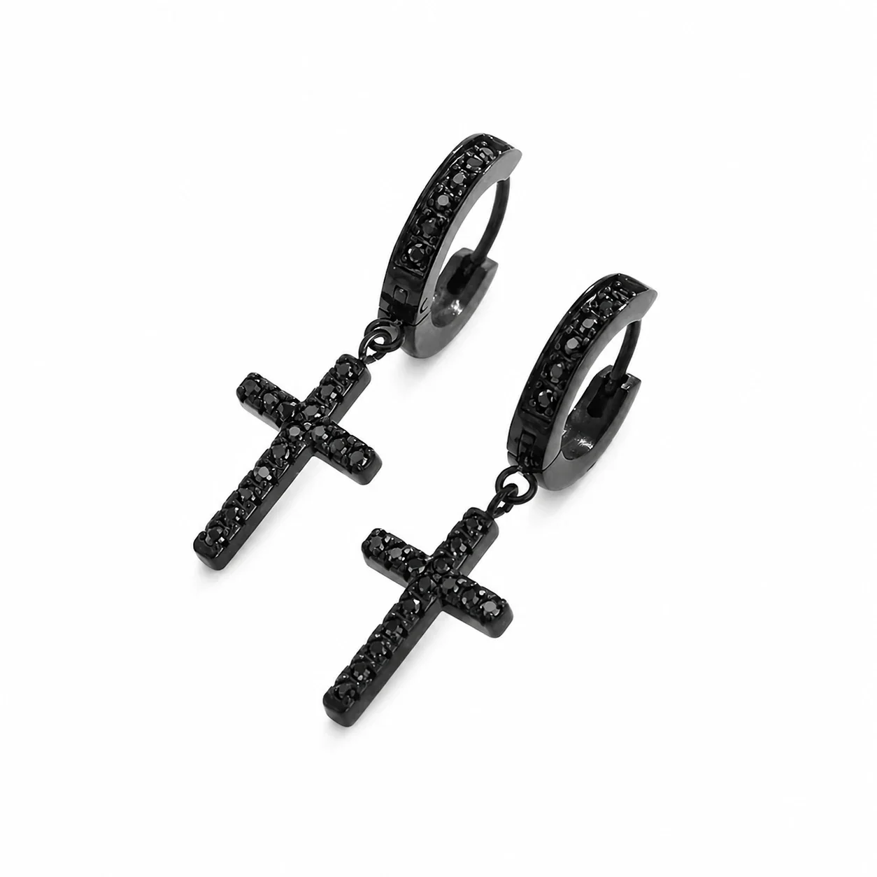 Huggie Earrings with CZ Cross Drop 316 Stainless Steel Black PVD - Black