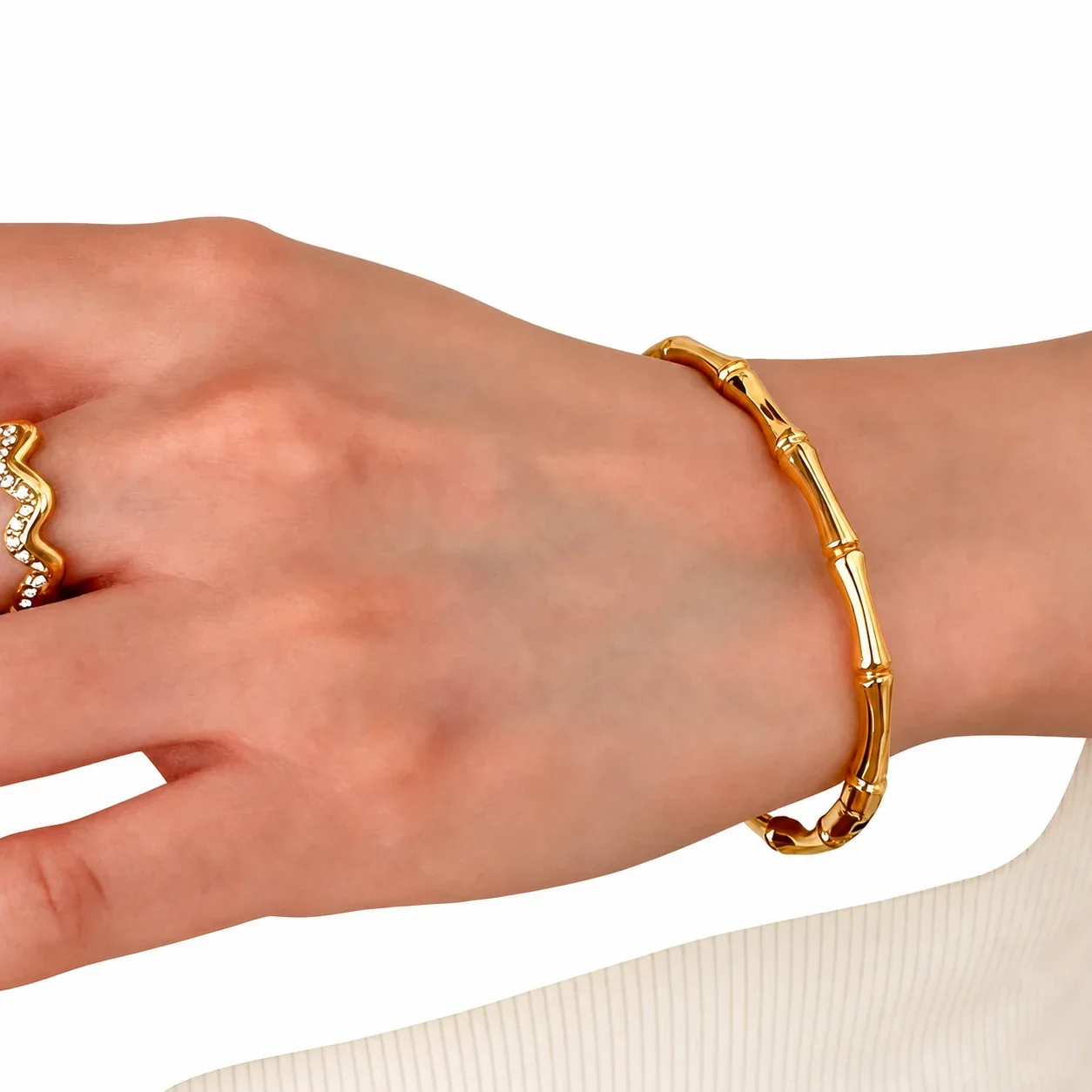 Sculptural Gold-Tone Stainless Steel Bamboo Bangle