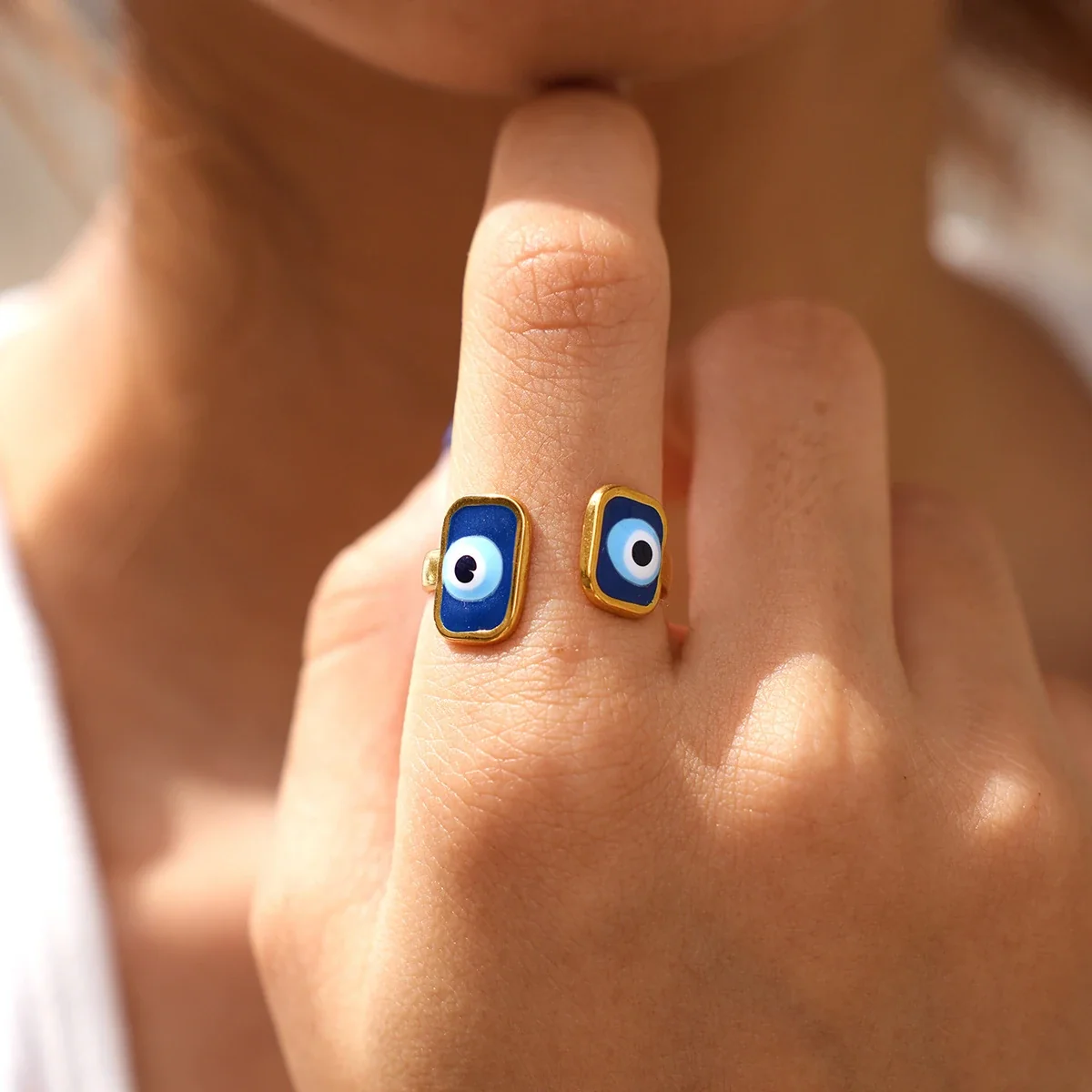 Ring: Verstelbare Dubbele Evil Eye Open, Goudkleurig PVD Roestvrij Staal productfoto