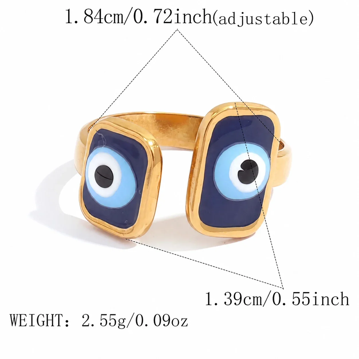 Ring: Verstelbare Dubbele Evil Eye Open, Goudkleurig PVD Roestvrij Staal productfoto