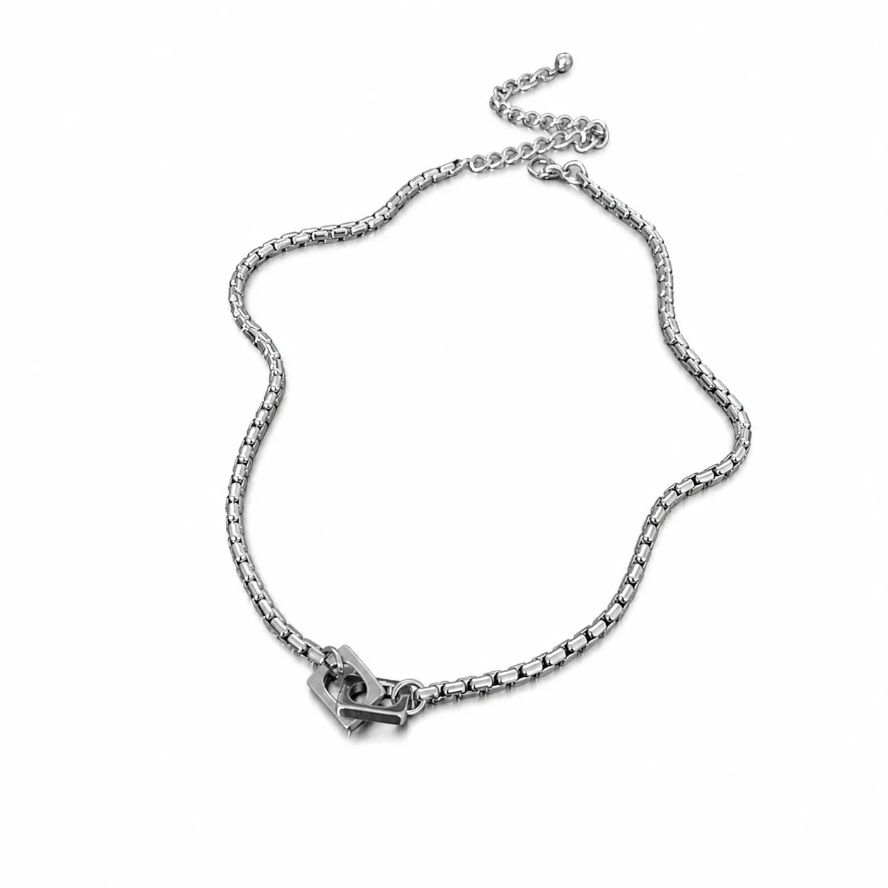 Sleek Stainless Steel Box Chain Square-Link Necklace - Silver