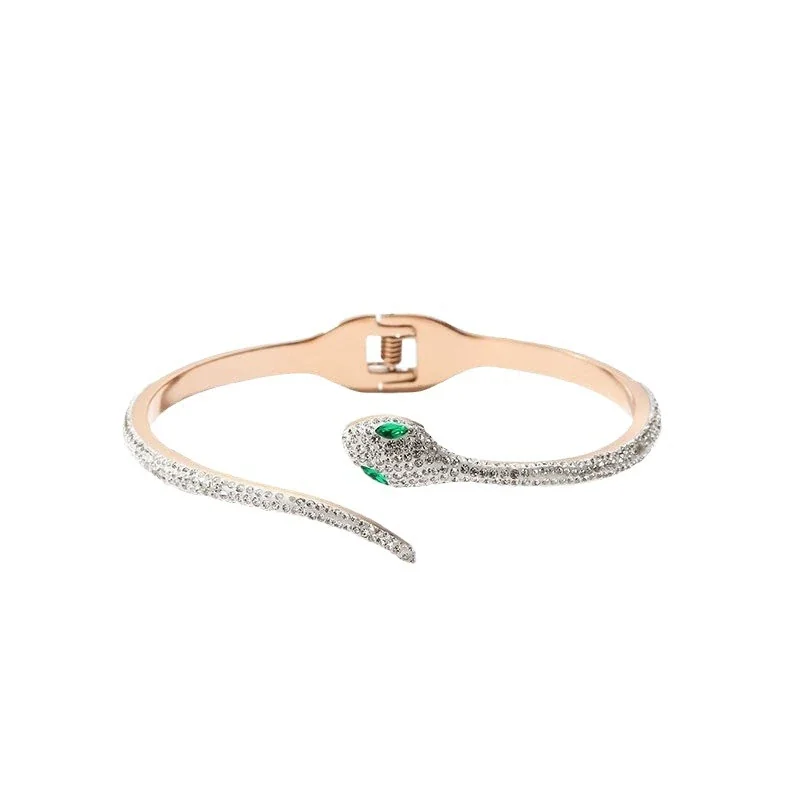 Snake Bangle with Crystal Pavé Green Eyes, Stainless Steel