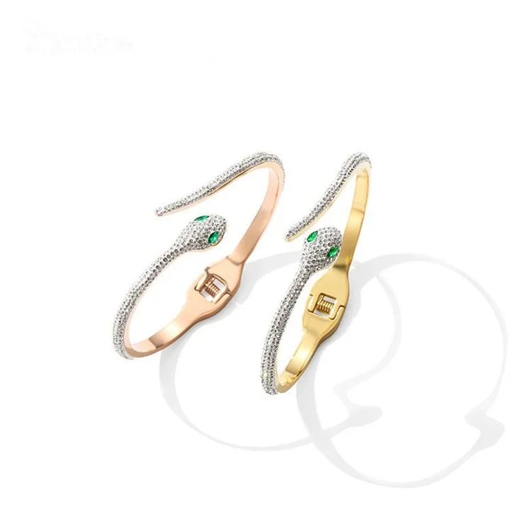 Snake Bangle with Crystal Pavé Green Eyes, Stainless Steel