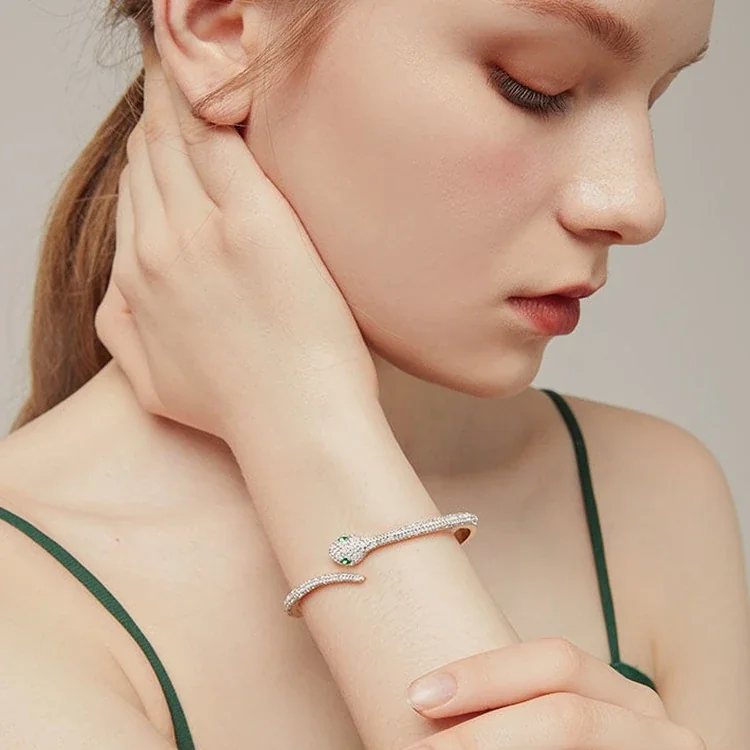 Snake Bangle with Crystal Pavé Green Eyes, Stainless Steel
