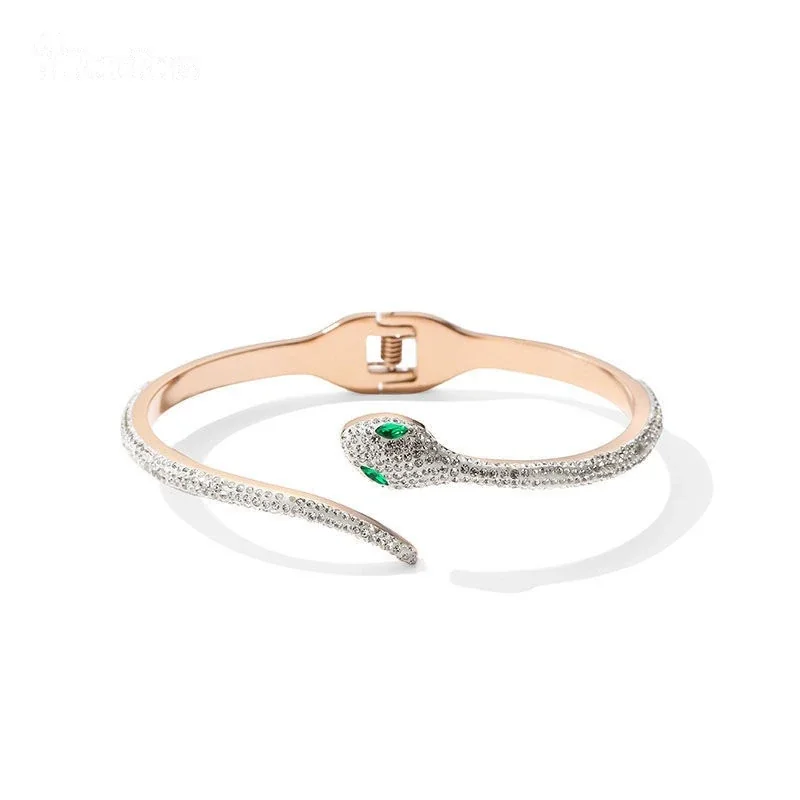 Snake Bangle with Crystal Pavé Green Eyes, Stainless Steel